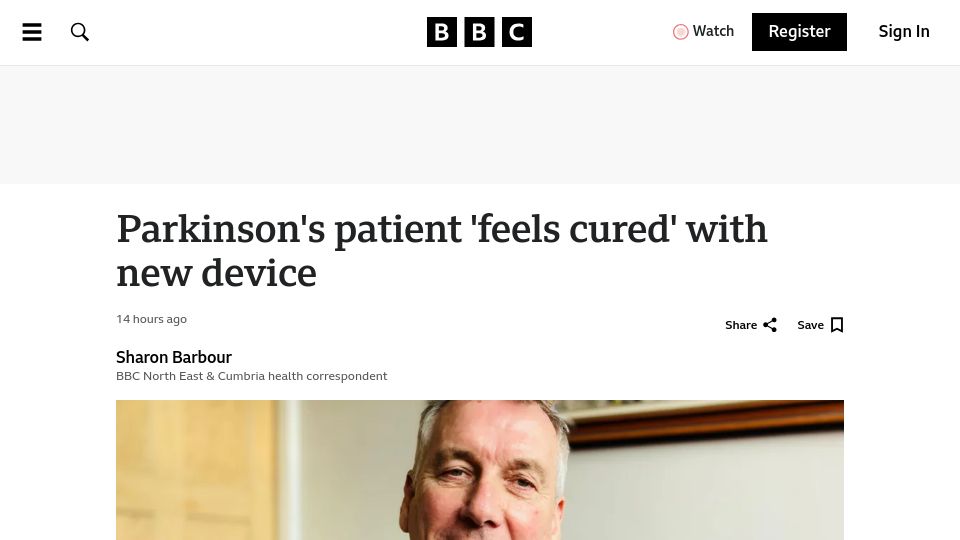 Screenshot of bbc.com: Parkinsons patient "feels cured" with new adaptive deep brain stimulation device