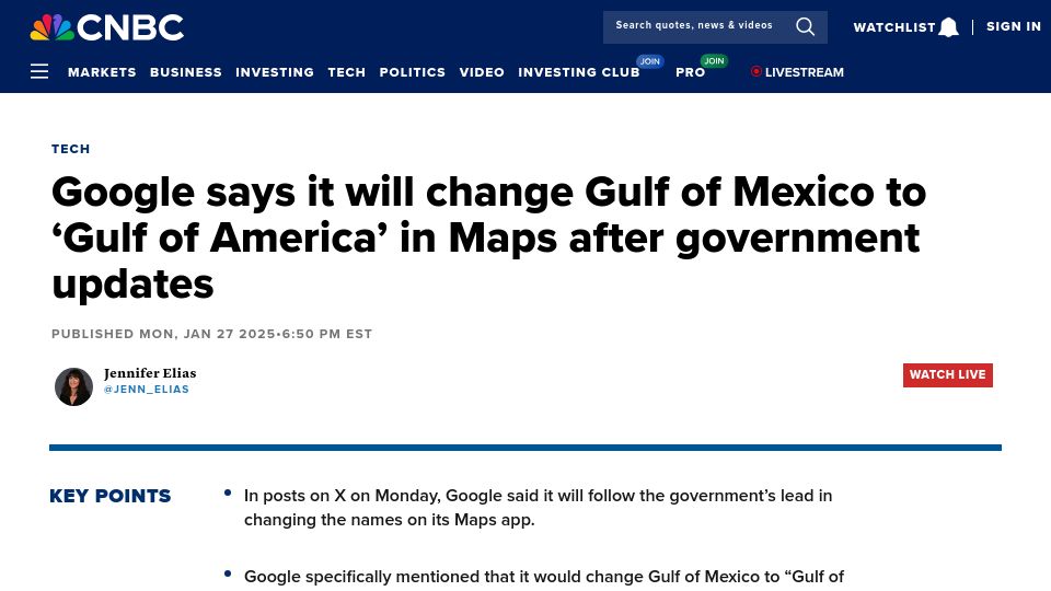 Screenshot of cnbc.com: Google says it will change Gulf of Mexico to 'Gulf of America' in Maps
