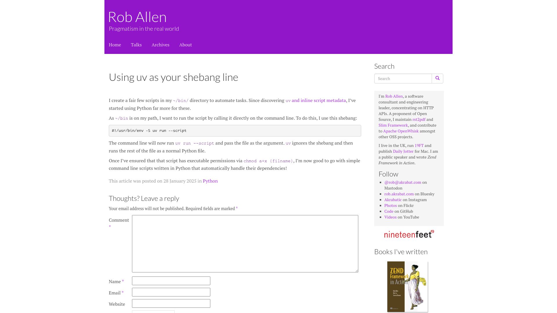 Screenshot of akrabat.com: Using uv as your shebang line