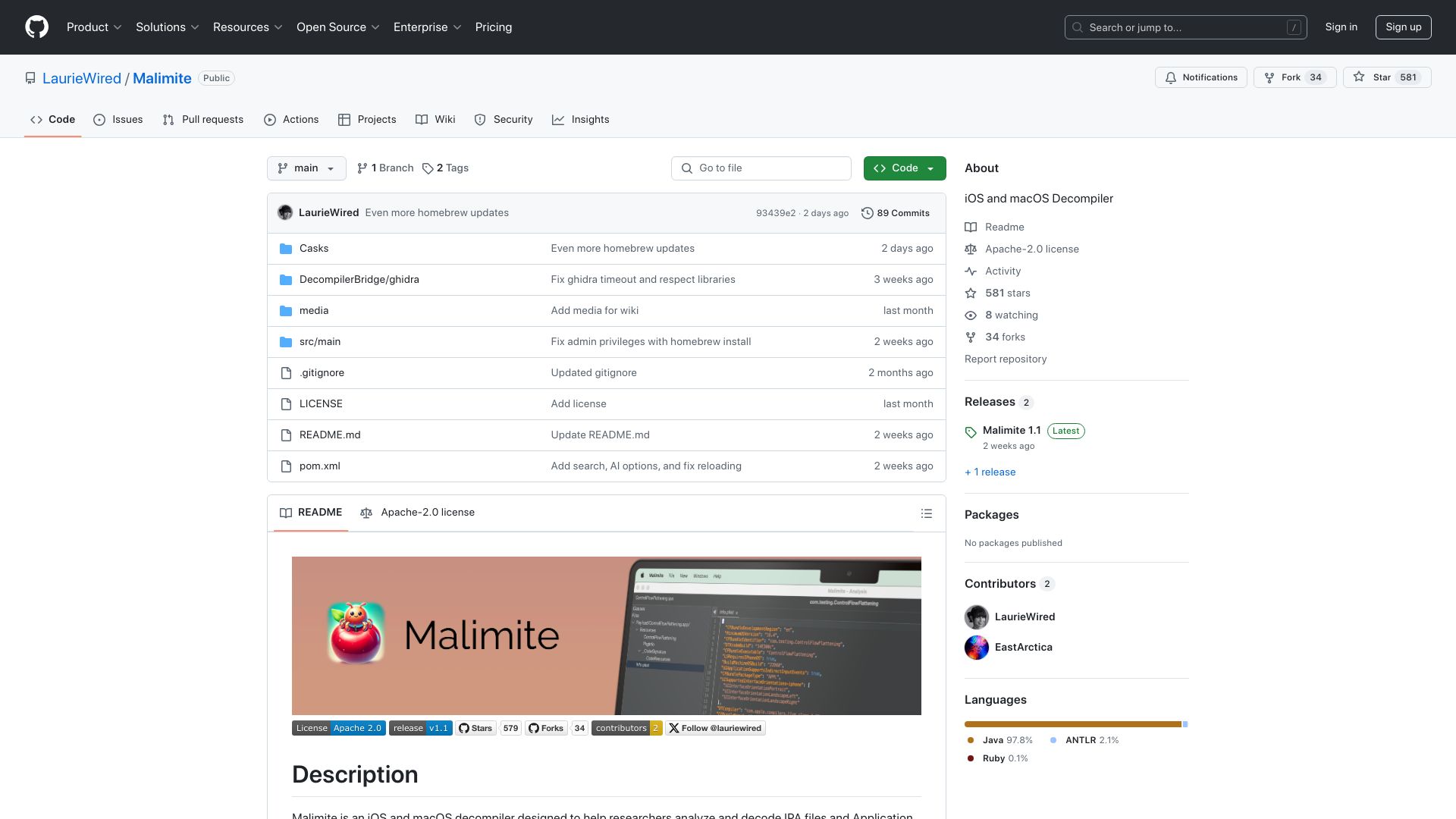 Screenshot of github.com: Malimite – iOS and macOS Decompiler