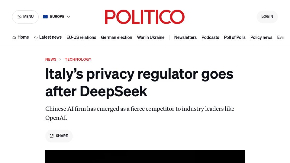 Screenshot of politico.eu: Italy's privacy regulator goes after DeepSeek