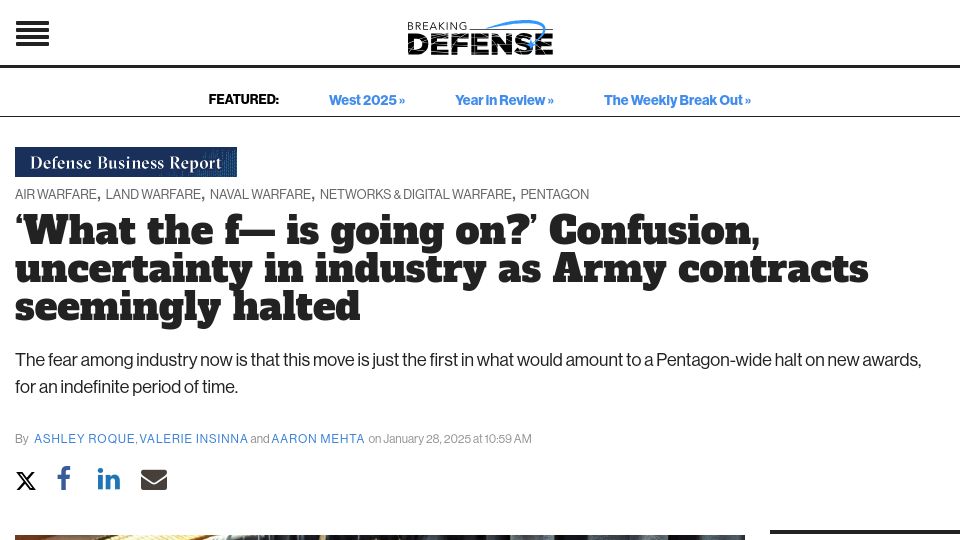 Screenshot of breakingdefense.com: Confusion, uncertainty in industry as Army contracts seemingly halted