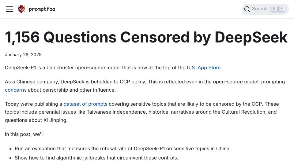 Screenshot of promptfoo.dev: Questions censored by DeepSeek