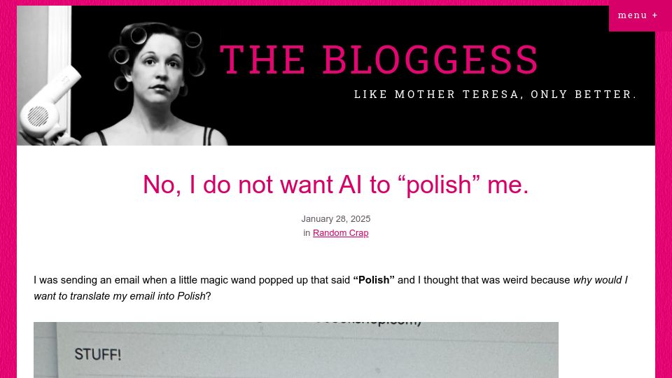 Screenshot of thebloggess.com: I do not want AI to "polish" me
