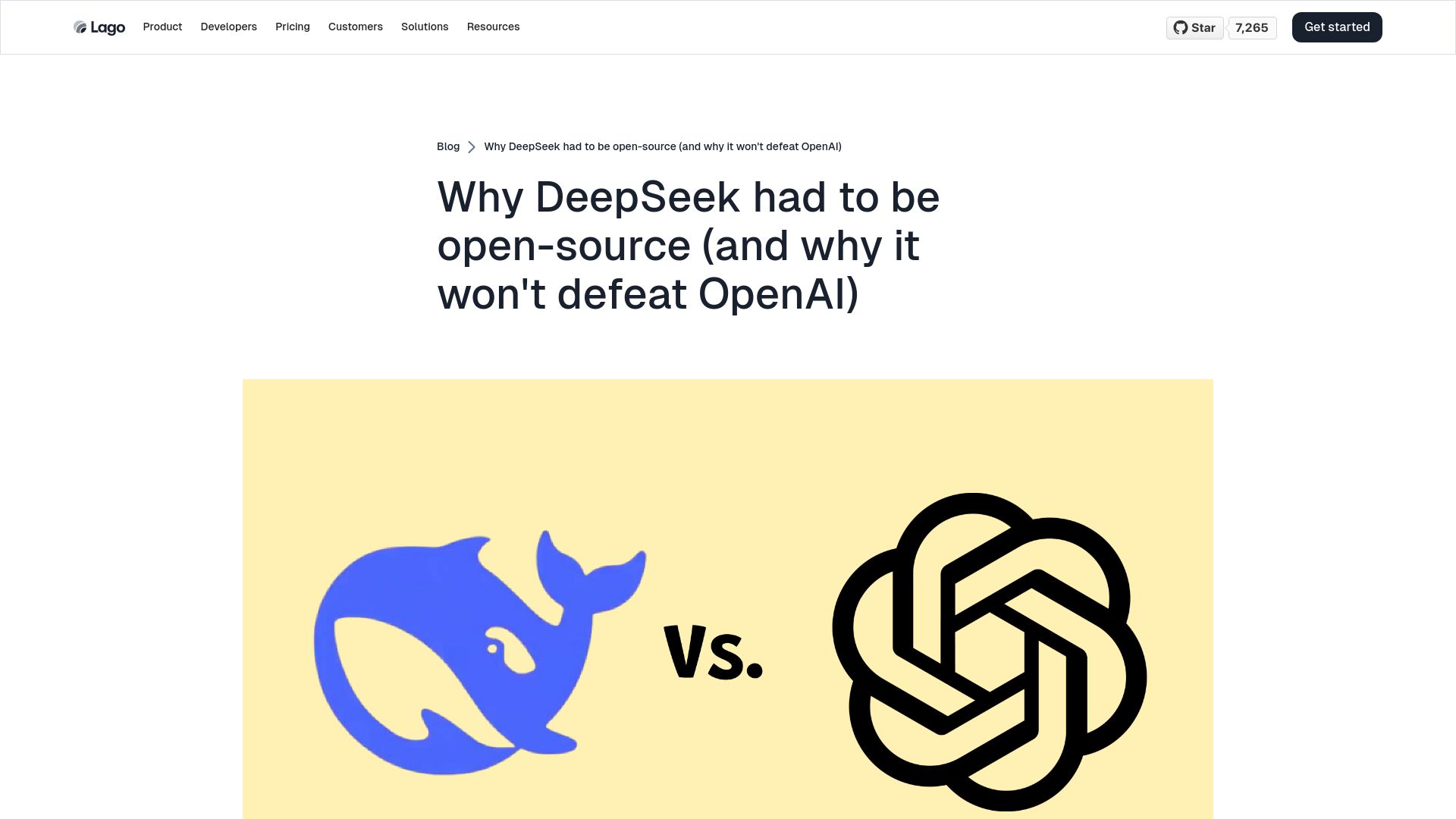 Screenshot of getlago.com: Why DeepSeek had to be open source