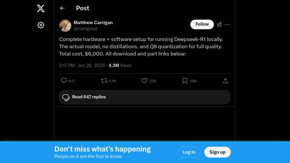 Screenshot of twitter.com: Complete hardware and software setup for running Deepseek-R1 locally
