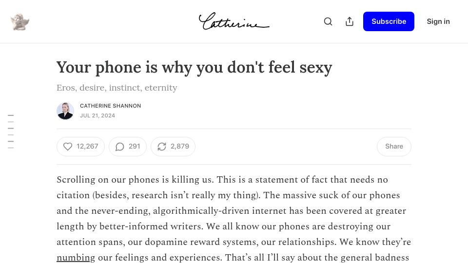 Screenshot of catherineshannon.substack.com: Our phones are killing our ability to feel sexy (2024)