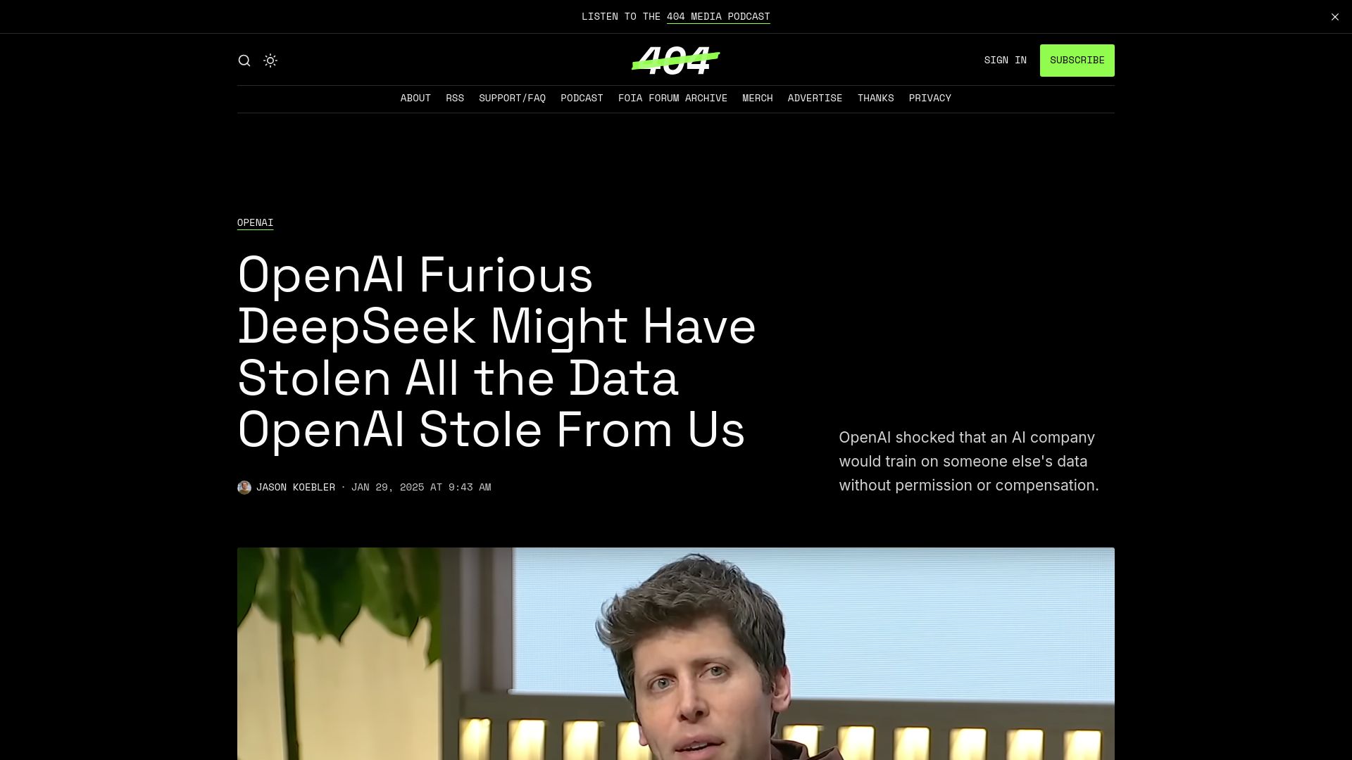Screenshot of 404media.co: OpenAI Furious DeepSeek Might Have Stolen All the Data OpenAI Stole from Us