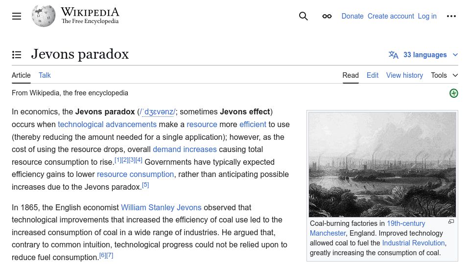 Screenshot of en.wikipedia.org: Jevons paradox