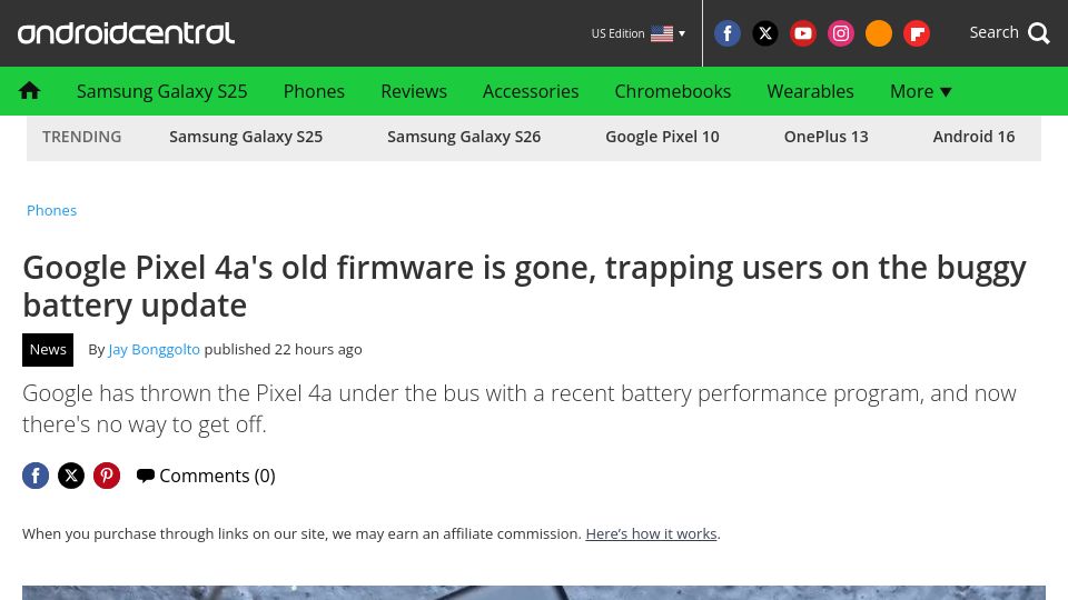 Screenshot of androidcentral.com: Google Pixel 4a's old firmware is gone, trapping users on buggy battery update