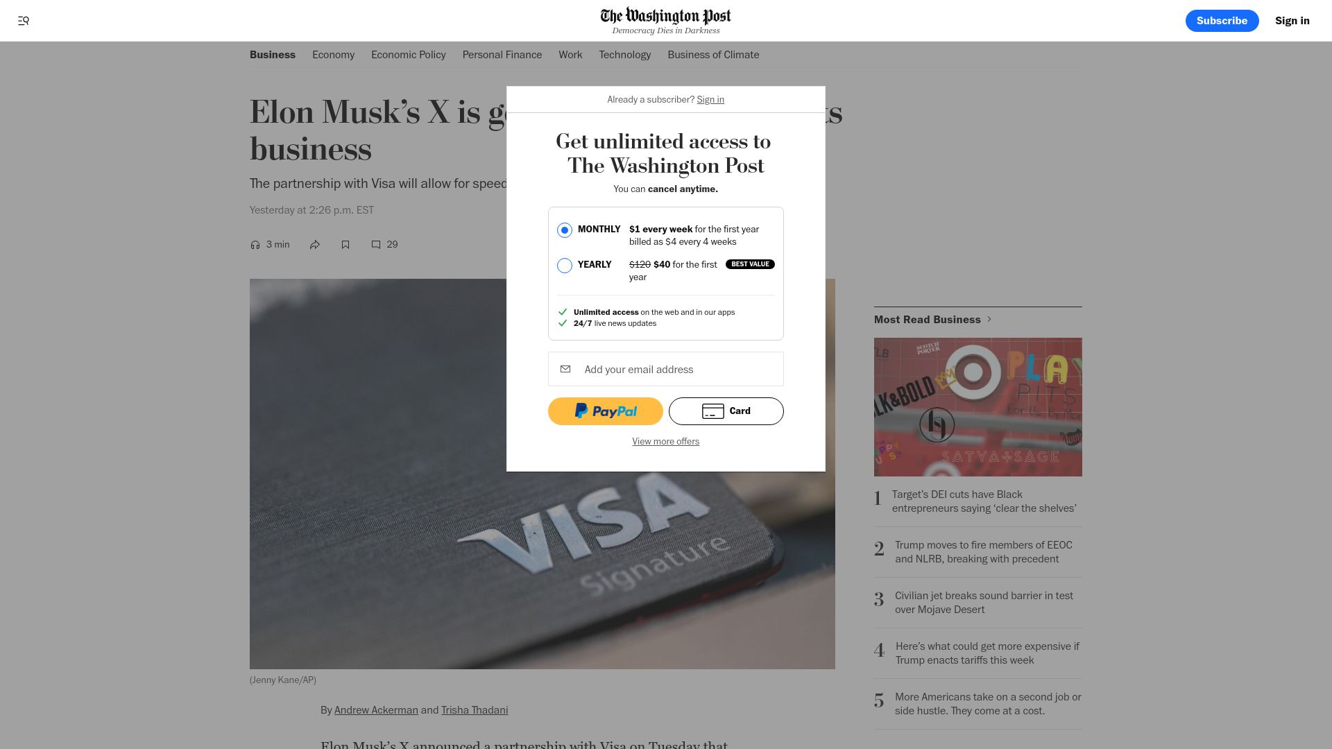Screenshot of washingtonpost.com: X partners with Visa to enable money transfers on the platform