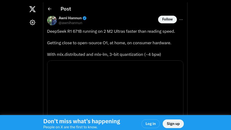 Screenshot of twitter.com: DeepSeek R1 671B running on 2 M2 Ultras faster than reading speed