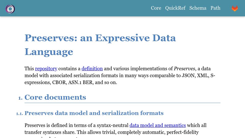 Screenshot of preserves.dev: Preserves: An Expressive Data Language