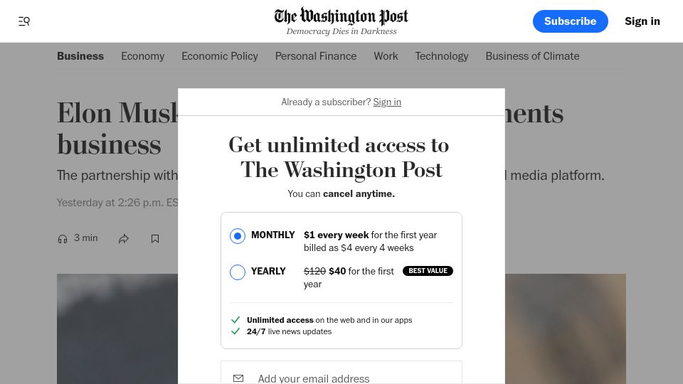 Screenshot of washingtonpost.com: X partners with Visa to enable money transfers on the platform