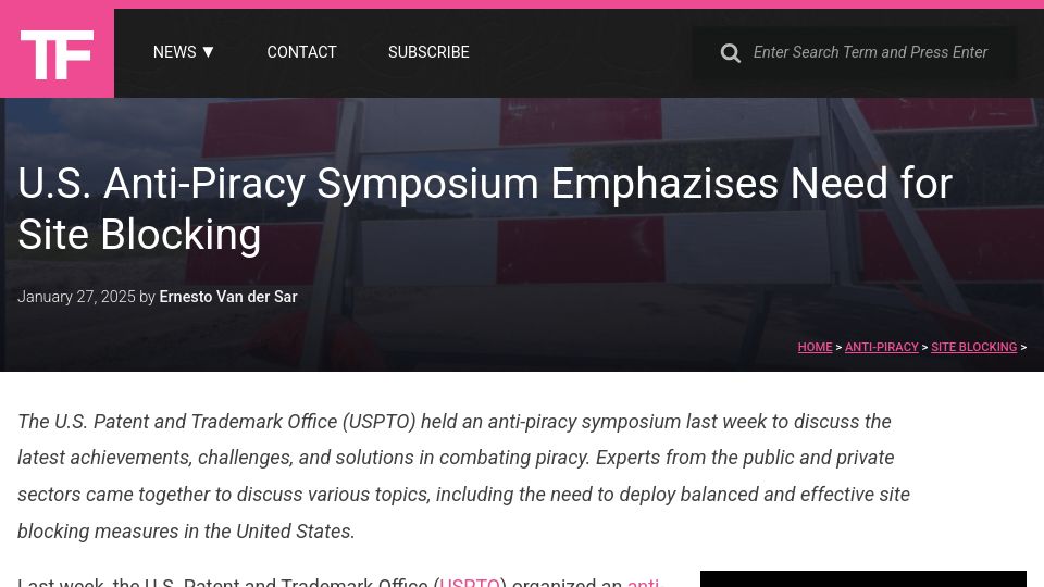 Screenshot of torrentfreak.com: U.S. Anti-Piracy Symposium Emphazises Need for Site Blocking