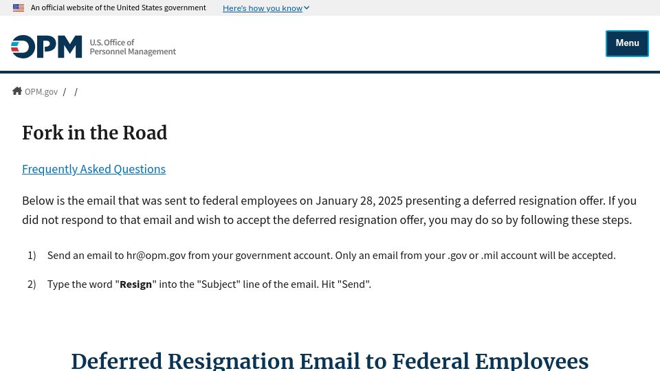Screenshot of opm.gov: Deferred resignation email to federal employees