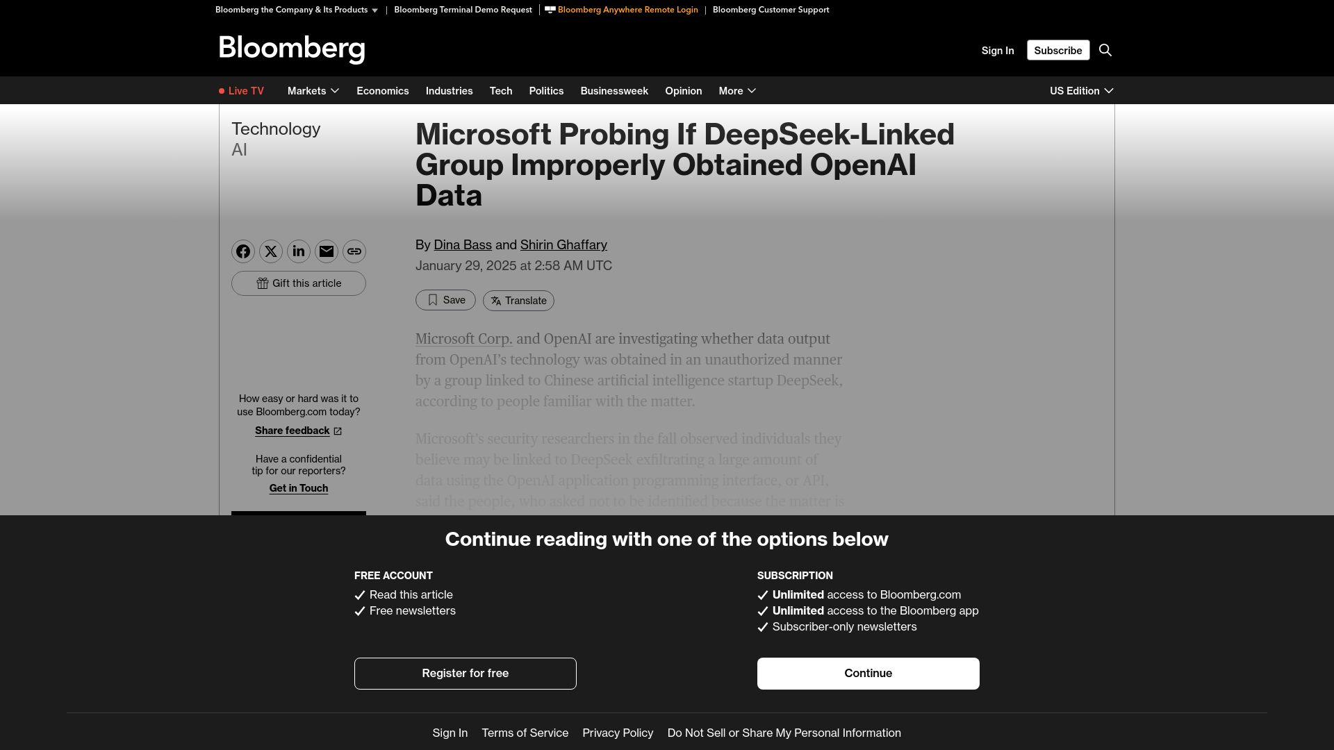 Screenshot of bloomberg.com: Microsoft Probing If DeepSeek-Linked Group Improperly Obtained OpenAI Data
