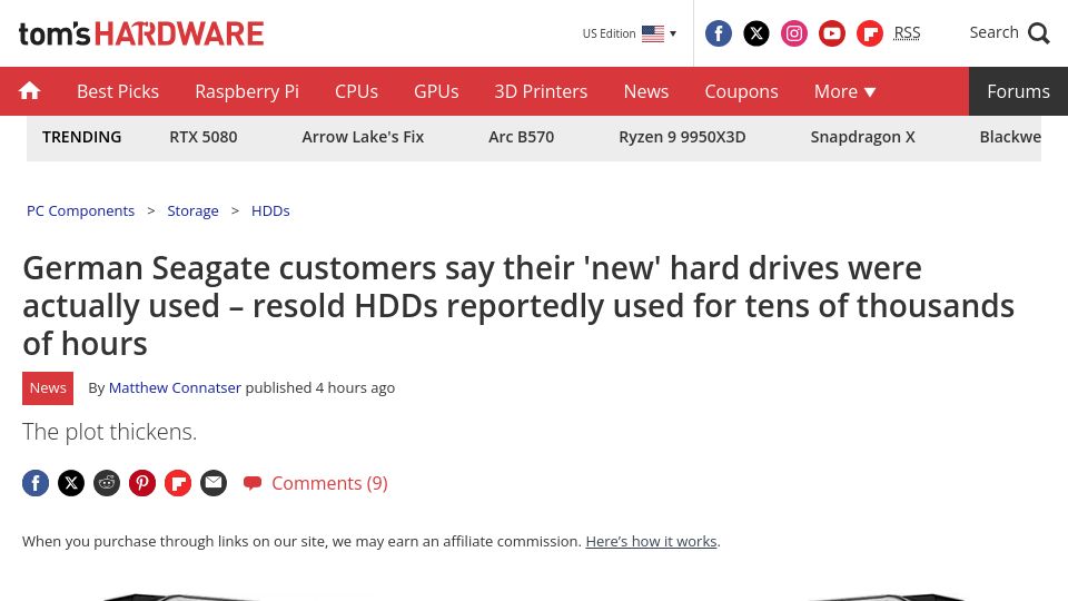 Screenshot of tomshardware.com: Seagate: 'new' hard drives used for tens of thousands of hours