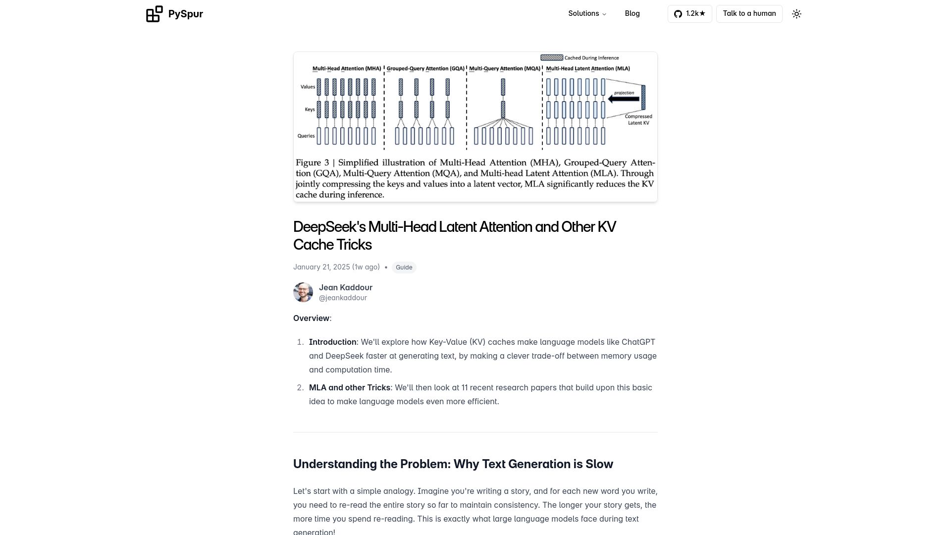 Screenshot of pyspur.dev: DeepSeek's multi-head latent attention and other KV cache tricks