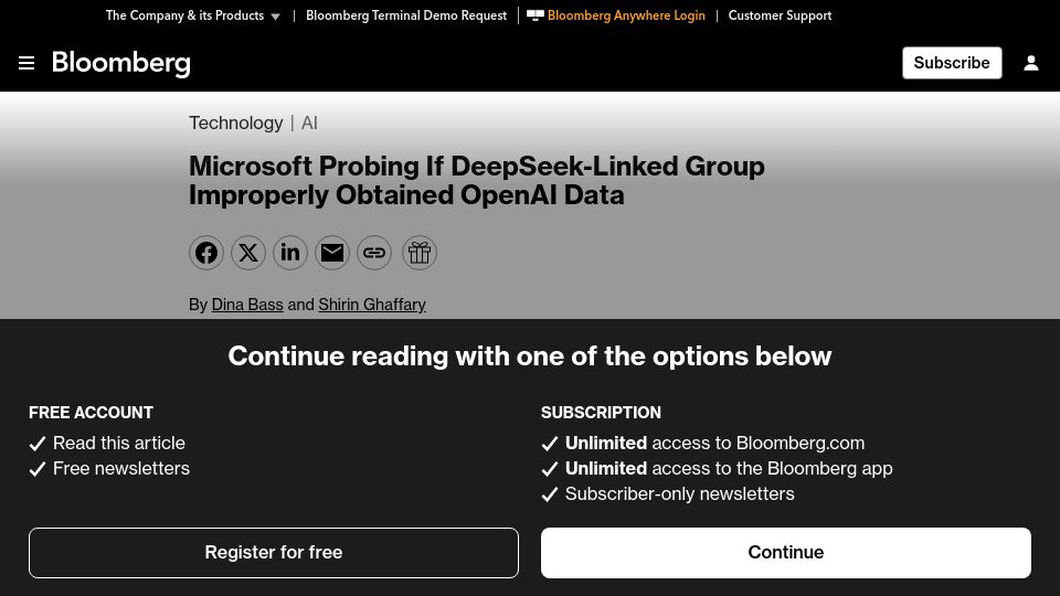Screenshot of bloomberg.com: Microsoft Probing If DeepSeek-Linked Group Improperly Obtained OpenAI Data