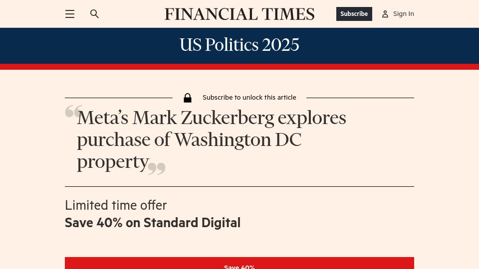 Screenshot of ft.com: Meta's Mark Zuckerberg explores purchase of Washington DC property