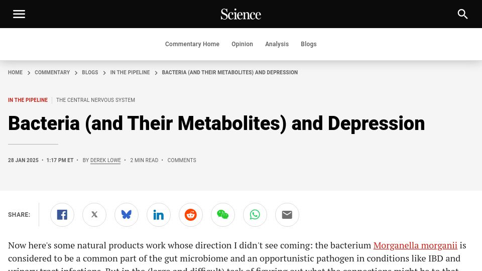 Screenshot of science.org: Bacteria (and their metabolites) and depression