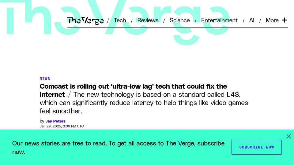 Screenshot of theverge.com: Comcast is rolling out 'ultra-low lag' tech that could fix the internet