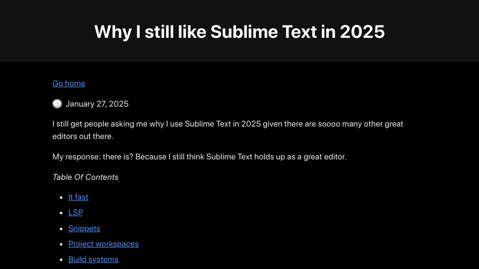 Screenshot of ohdoylerules.com: I still like Sublime Text