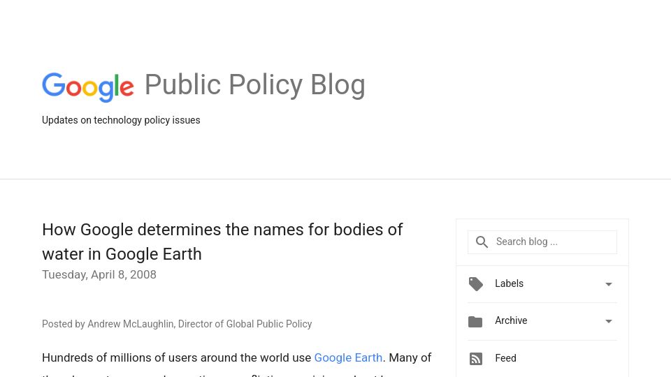 Screenshot of publicpolicy.googleblog.com: How Google determines the names for bodies of water in Google Earth (2008)