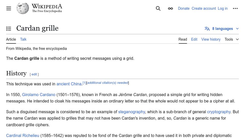 Screenshot of en.wikipedia.org: Cardan grille