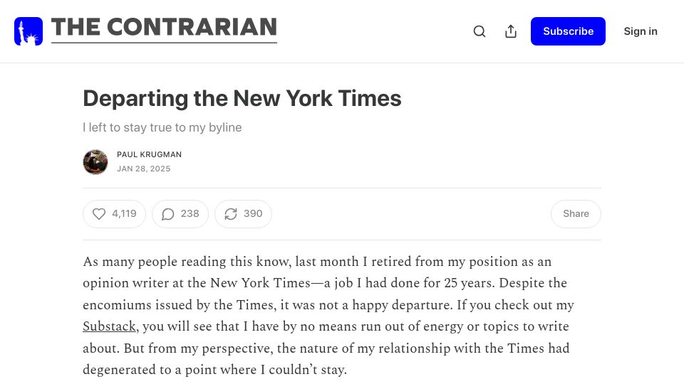 Screenshot of contrarian.substack.com: Departing the New York Times