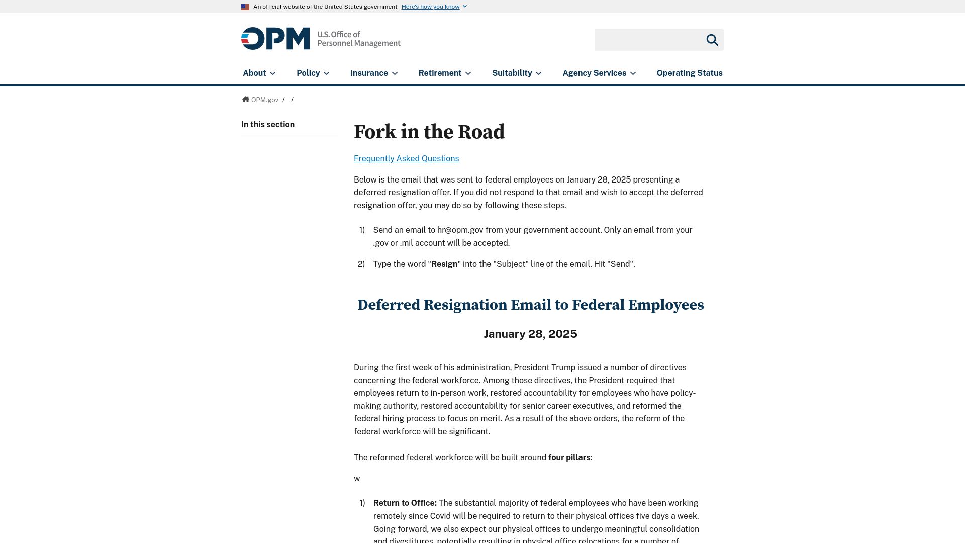 Screenshot of opm.gov: Deferred resignation email to federal employees