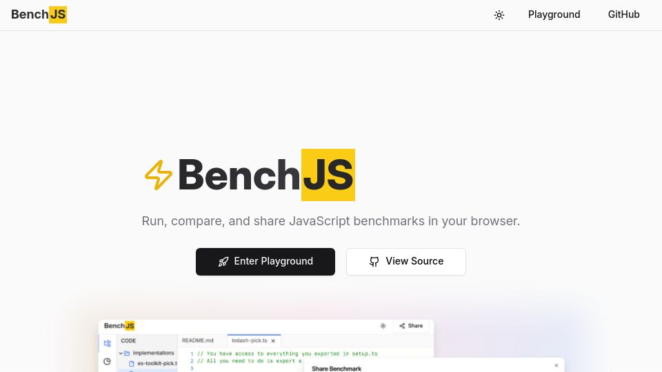 Screenshot of benchjs.com: Show HN: Made a small JavaScript benchmarking app – BenchJS
