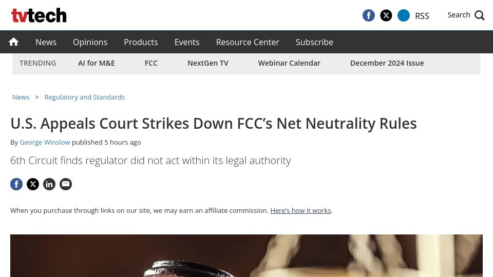 Screenshot of tvtechnology.com: U.S. appeals court strikes down FCC's net neutrality rules