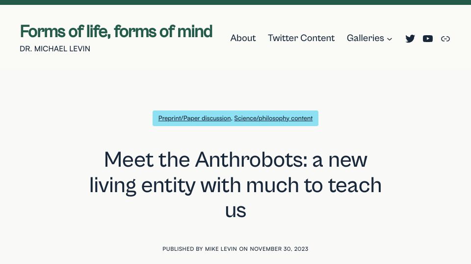 Screenshot of thoughtforms.life: The Anthrobots: a new living entity with much to teach us