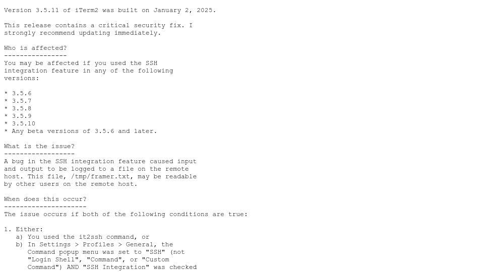Screenshot of iterm2.com: iTerm2 critical security release