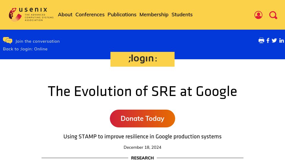 Screenshot of usenix.org: The Evolution of SRE at Google