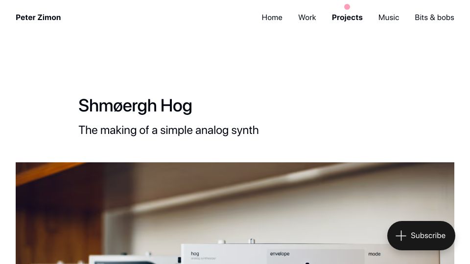 Screenshot of peterzimon.com: Shmøergh Hog – The making of a simple analog synth