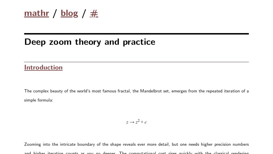 Screenshot of mathr.co.uk: Mandelbrot deep zoom theory and practice (2021)