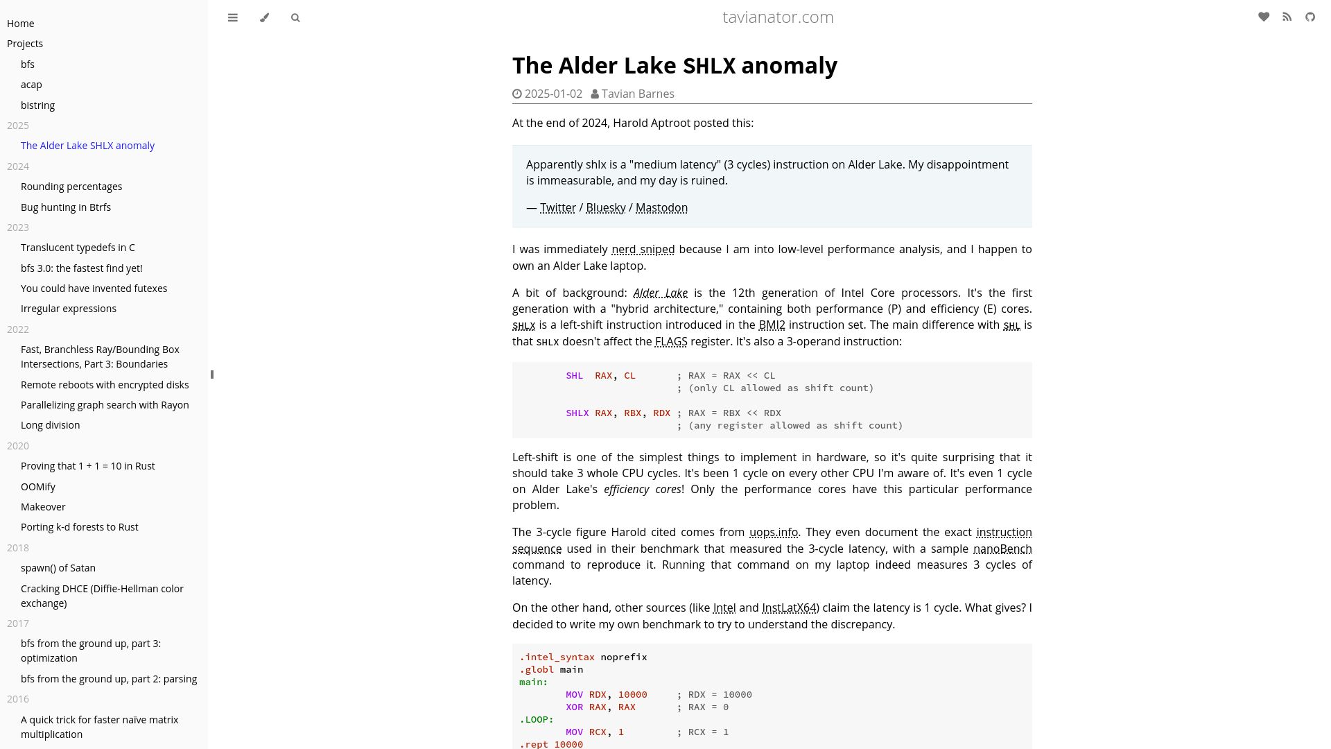 Screenshot of tavianator.com: The Alder Lake SHLX Anomaly