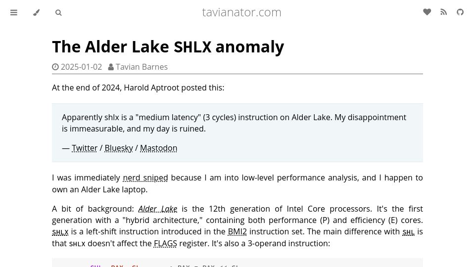 Screenshot of tavianator.com: The Alder Lake SHLX Anomaly