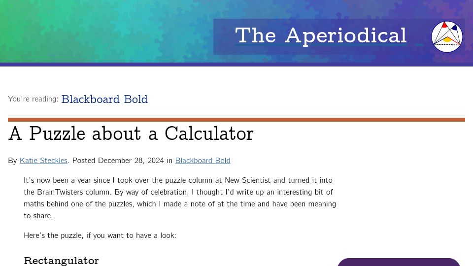 Screenshot of aperiodical.com: A Puzzle about a Calculator