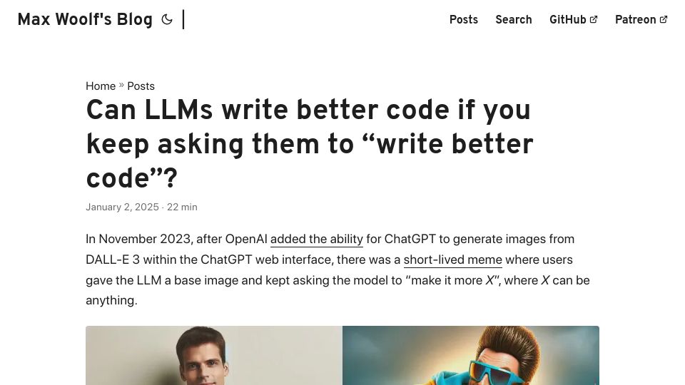 Screenshot of minimaxir.com: Can LLMs write better code if you keep asking them to “write better code”?