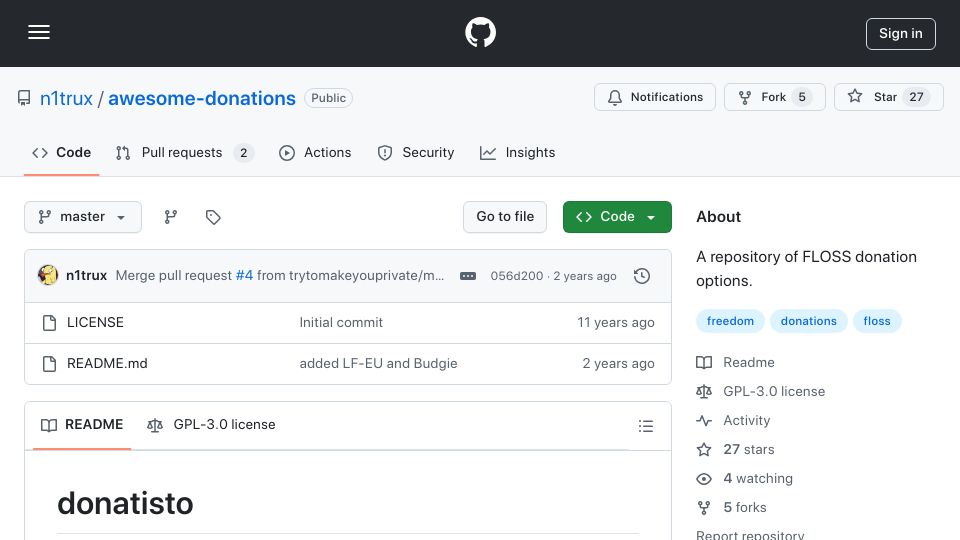 Screenshot of github.com: Awesome Donations: A repository of FLOSS donation options