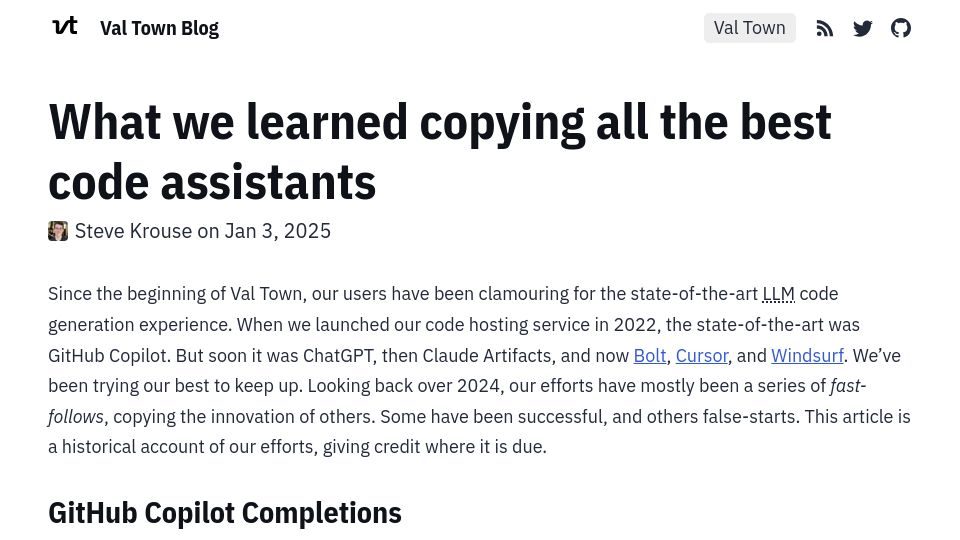 Screenshot of blog.val.town: What we learned copying all the best code assistants