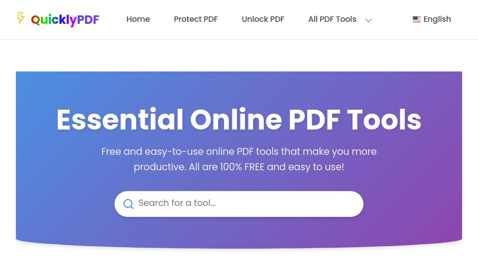Screenshot of quicklypdf.com: A free, unlimited online PDF converter with Privacy focus