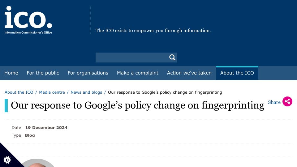 Screenshot of ico.org.uk: UK ICO response to Google's policy change on device fingerprinting