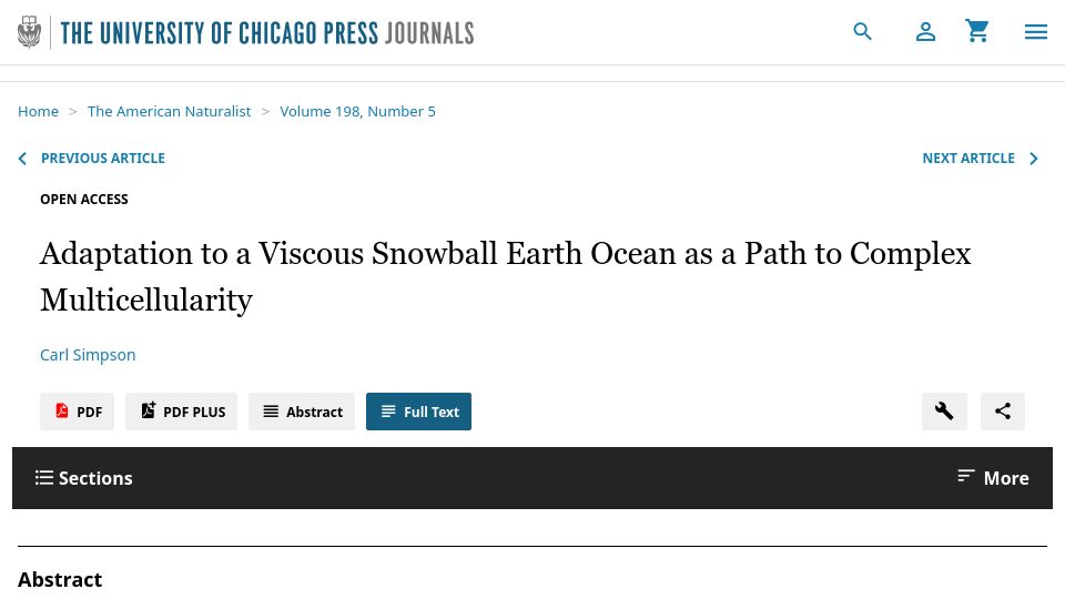 Screenshot of journals.uchicago.edu: Adaptation to a Viscous Snowball Earth Ocean as Path to Complex Multicellularity (2021)