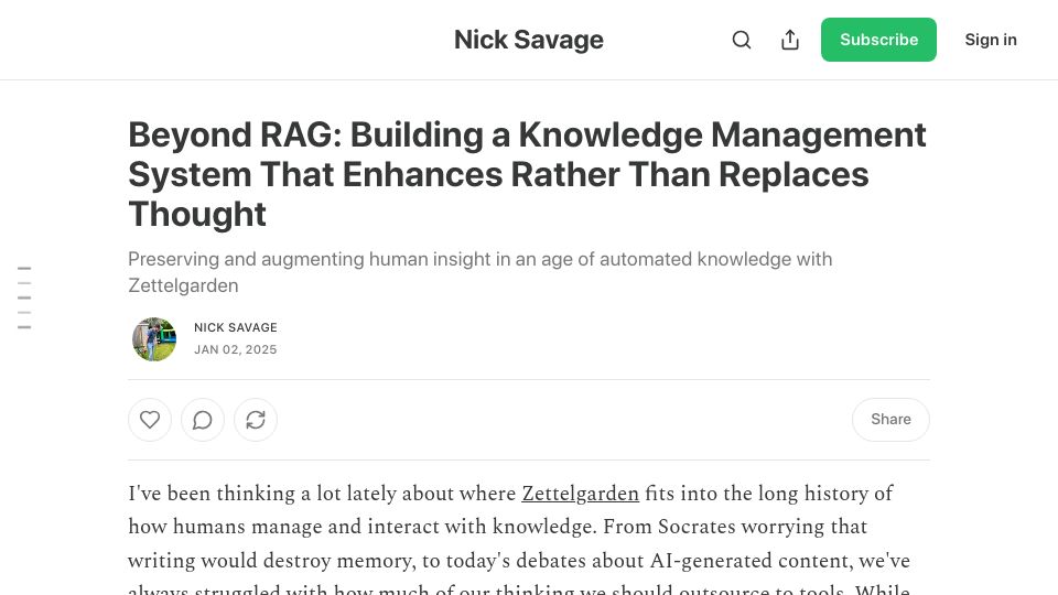 Screenshot of nsavage.substack.com: Building a Knowledge System That Enhances Rather Than Replaces Thought