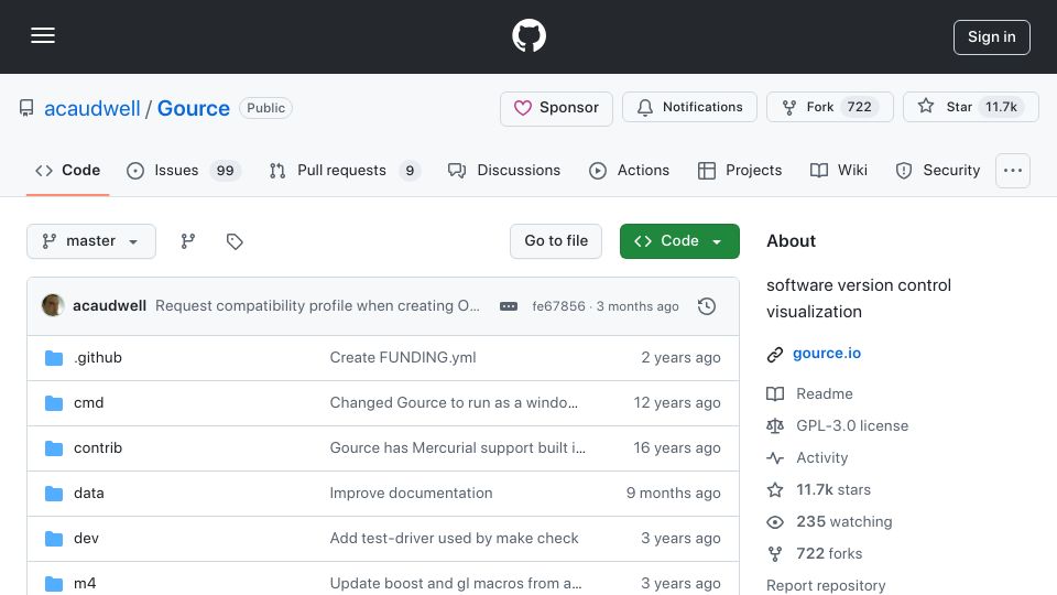 Screenshot of github.com: Gource: Software Version Control Visualization